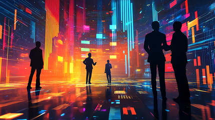 Poster - Dynamic silhouettes of professionals in a digital business environment enhancing collaboration and innovation in modern workspaces