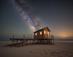 starry sky over a beach hut with a wooden deck.