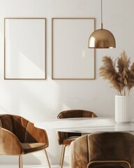 Modern and minimalist dining room interior with two empty frames for your mockup. Brown velvet chairs and a marble table create a luxurious feel.