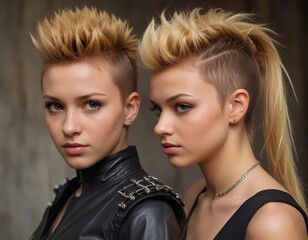 blond haired woman with spiked mohawk and leather jacket posing for a picture.