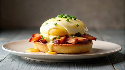 Delicious breakfast of classic egg benedict with bacon on a plate