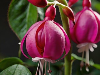 Beautiful and charming fuchsia pink flowers photographed from close range in the garden next to the house