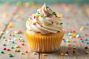 Delicious cupcake with vanilla frosting and sprinkles