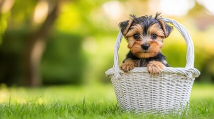 Canvas Print - Yorkshire Terrier puppy in a white wicker basket on green grass offering a pet-themed copy space image