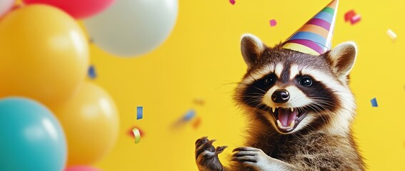 A cheerful raccoon wearing a party hat amidst colorful balloons and confetti.