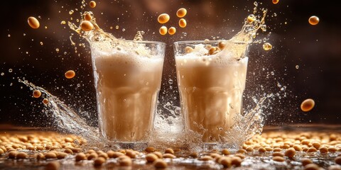 two glasses of milk and nuts splashing into each other glasses