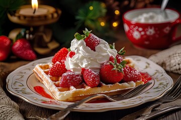 Whipped Cream Topped Waffle with Strawberries and a Fork