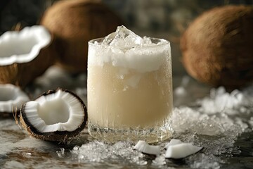 Wall Mural - A Glass of Iced Coconut Milk with Coconut Shells