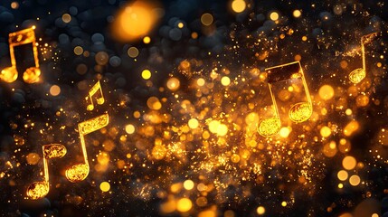 Wall Mural - Glowing golden musical notes against a dark background, creating a celebratory atmosphere for New Year festivities.