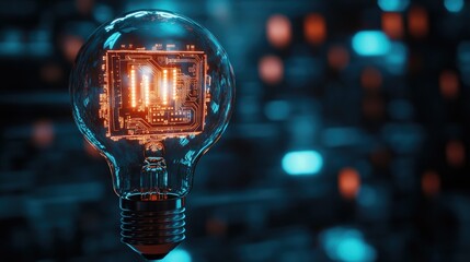 Poster - Glowing light bulb featuring a circuit board within, symbolizing innovation and modern business solutions on a dark backdrop.