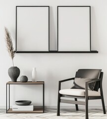 Minimalist interior with two empty frames for mockup, stylish armchair, vase and decor on shelf and table. White wall background.