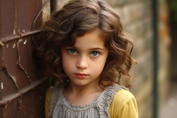 Portrait of a beautiful little girl with curly hair and blue eyes