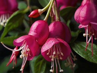 Beautiful and charming fuchsia pink flowers photographed from close range in the garden next to the house