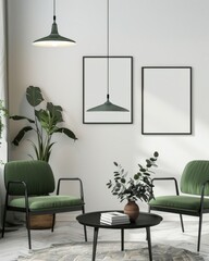 Stylish and modern living room interior with two green velvet armchairs, a coffee table, and trendy lamps. The blank frames on the wall provide space for your designs.