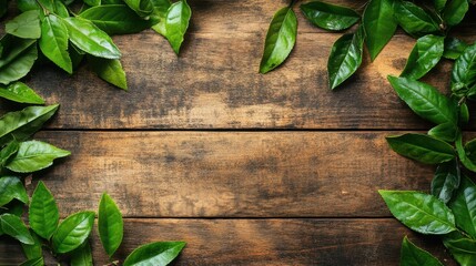 Poster - Flat lay of green tea leaves on a wooden table with ample copy space for text