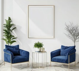 Modern interior design with two blue velvet armchairs and a coffee table. A blank picture frame on the wall provides space for your design.