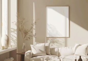 Minimalist living room interior with a blank canvas on a wall, mockup poster on the background of a cozy sofa with pillows, sunlight from the window.