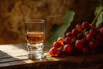 Canvas Print - A Glass of Amber Liquid and a Bunch of Red Grapes Resting on a Wooden Surface