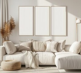 A bright and airy living room featuring a comfortable white sofa adorned with cushions, a stylish rug, and three blank picture frames on the wall, perfect for showcasing your art or designs.