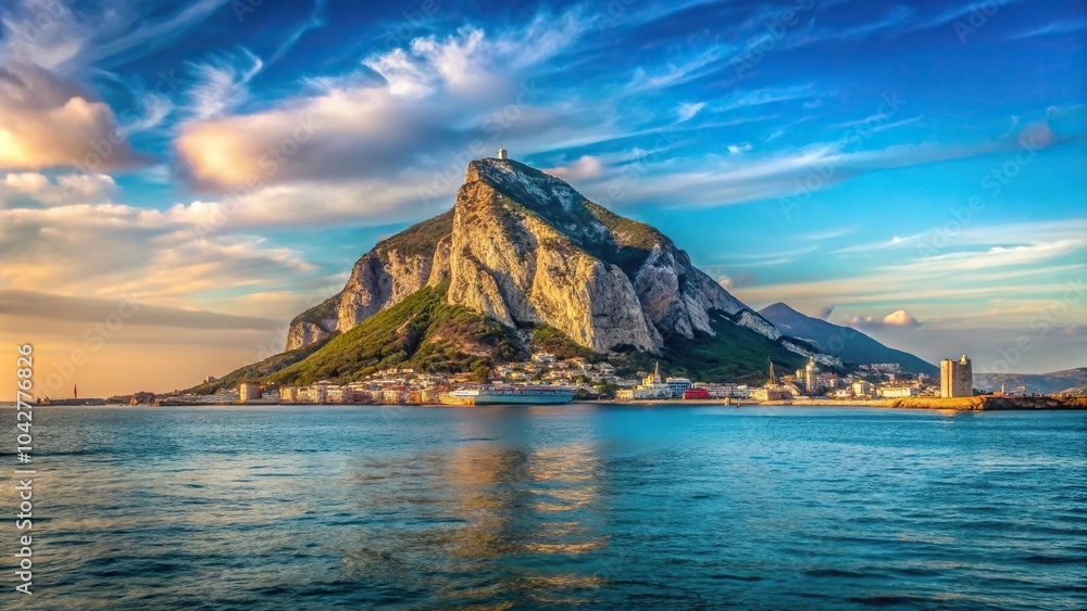 Iconic view of the Rock of Gibraltar from across the bay of Algeciras