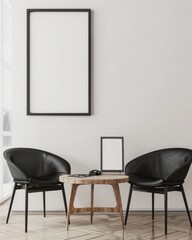 Minimalist interior design featuring two black chairs and a wooden table. Two blank frames provide space for custom art or design, perfect for showcasing your products or ideas.