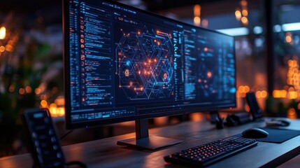 High-tech workspace with data visualization and coding interface.