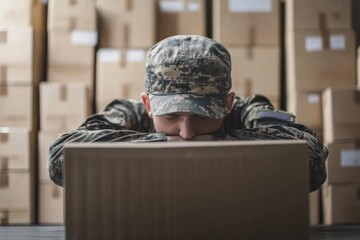 Person in digital camo resting on box in warehouse.