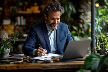 Portrait of a smiling mature businessman working with laptop.