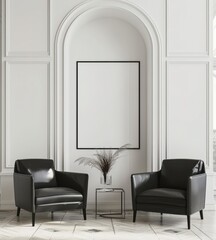 Minimalist interior with two black armchairs and a blank frame mockup on a classic white wall.