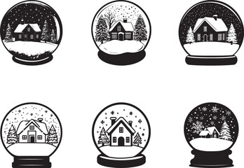 Collection of Winter house inside snow globe clean simple vector silhouette black