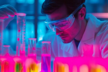 Chemist working in a lab with colorful solutions. The vibrant glow enhances the scientific atmosphere. Experimentation is key to discovery. Generative AI