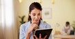 © peopleimages.com - Tablet, thinking and research with business woman in office for reflection, productivity report or planning. Email networking, news portal and idea with employee for connection, startup and website