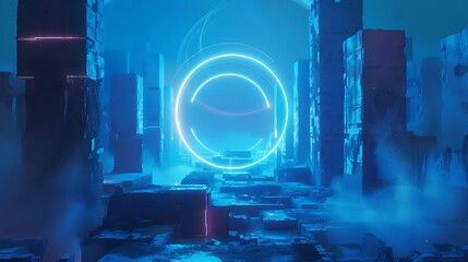 Wall Mural - Bright blue glowing blocks and arcs mix into an abstract backdrop in this modern visual