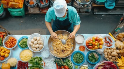 Vibrant Thai Market with Chef Preparing Delicious Food