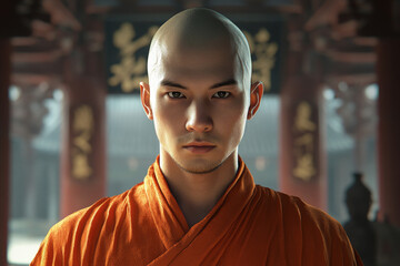 Portrait of Buddhist monk wearing orange robe against traditional temple backdrop