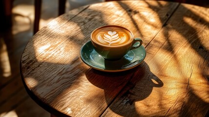 A latte with intricate foam art sits on a wooden table, illuminated by soft sunlight.