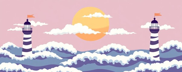 A serene illustration of two lighthouses amidst waves and a sunset.