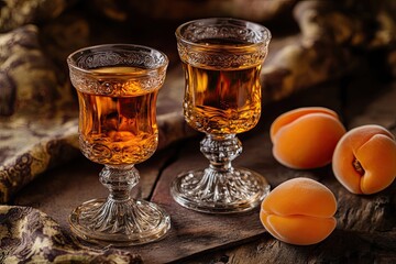 Canvas Print - Two Ornate Glasses Filled with Amber Liquid, Apricots, and Fabric on Rustic Wood