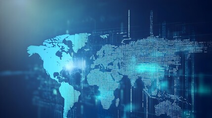 futuristic digital news background with binary code cascading over world map