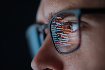 Software developer working late looking at computer code reflecting in glasses