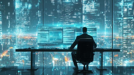 Cybersecurity Professional Working at Night with City View and Code on Screens