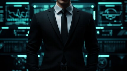 Businessman in suit with digital background.