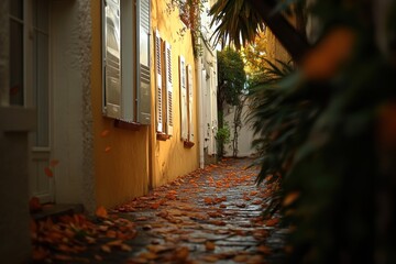 Wall Mural - A serene alley with autumn leaves and warm-colored walls, evoking a peaceful atmosphere.