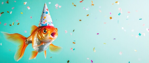 Sticker - A goldfish wearing a party hat amidst colorful confetti, celebrating a festive occasion.