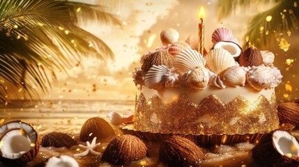 Poster - A beautifully decorated cake with seashells, set against a tropical sunset backdrop.