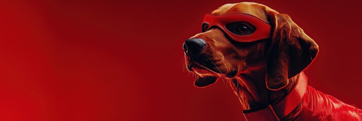 Wall Mural - A dog in a superhero costume against a red background, exuding playful energy.