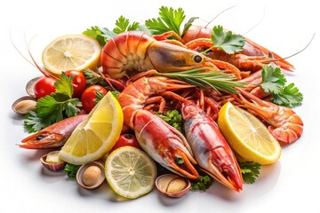 Assorted fresh seafood and fish platter with citrus garnish isolated on white background