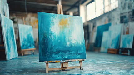 Abstract blue painting on easel in artist's studio with natural light