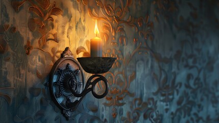 A beautifully designed candle holder on the wall, lit candle softly lighting up the surrounding darkness in a cozy room