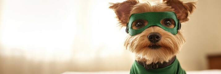 Wall Mural - A small dog wearing a green superhero mask and outfit, looking playfully at the camera.